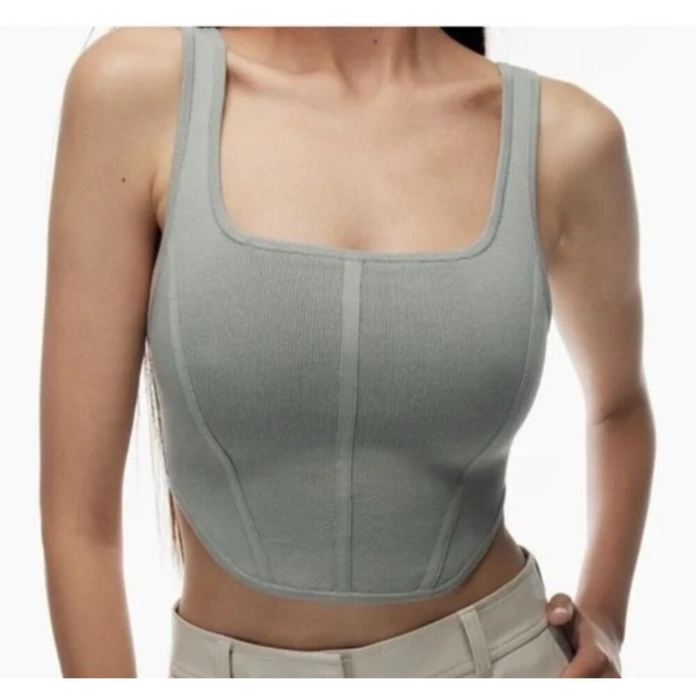 Babaton Women's Sz Small Gray Ribbed Knit Corset Tank Top Square Neck